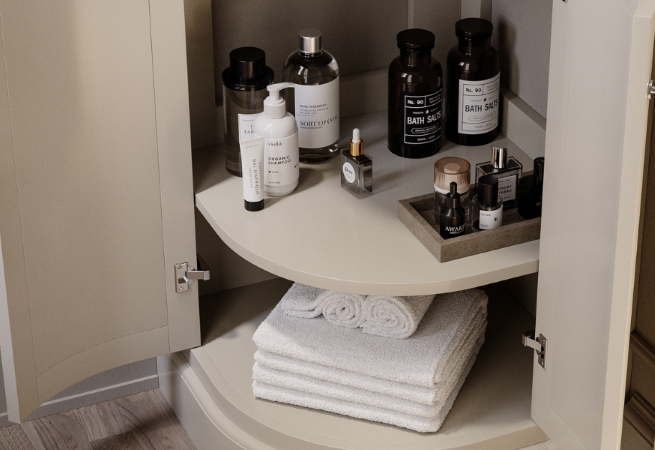 Beige Basin Vanity Unit with doors open and storage shelf